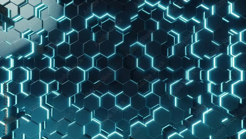 Poster abstract red of futuristic surface hexagon pattern with light rays. 3d rendering 4k animation