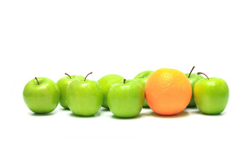 orange and group of apples on white background