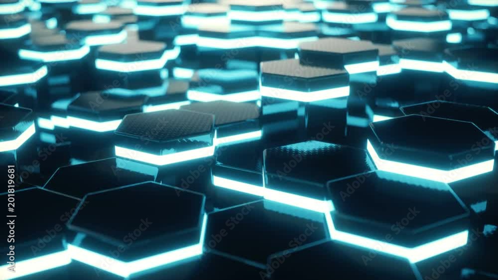 Leinwandbilder abstract red of futuristic surface hexagon pattern with light rays. 3d rendering 4k animation