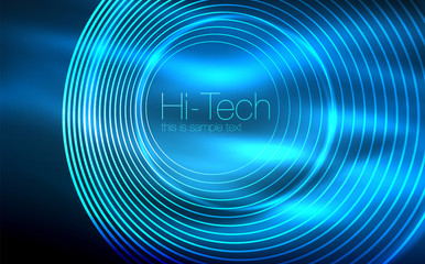 Circular glowing neon shapes, techno background. Abstract shiny transparent circles on dark technology space