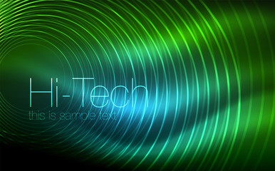 Circular glowing neon shapes, techno background. Abstract shiny transparent circles on dark technology space