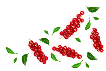 Red currant berries decorated with green leaves isolated on white background