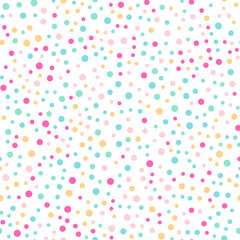 Colorful polka dots seamless pattern on white 3 background. Ideal classic colorful polka dots textile pattern. Seamless scattered confetti fall chaotic decor. Abstract vector illustration.