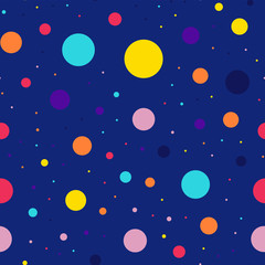 Memphis style polka dots seamless pattern on dark blue background. Ravishing modern memphis polka dots creative pattern. Bright scattered confetti fall chaotic decor. Vector illustration.