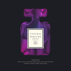 Perfume bottle with dynamic lines and waves. Bright modern poster for advertising and sale Fragrance.