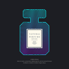 Perfume bottle with dynamic lines and waves. Bright modern poster for advertising and sale Fragrance.