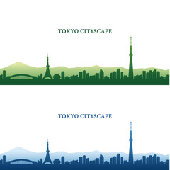 東京の街並みのシルエット、東京タワー、スカイツリーなどランドマーク