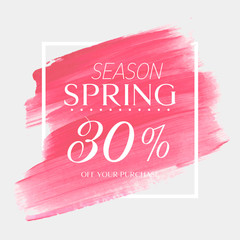 Spring Sale 30% off sign over watercolor art brush stroke paint abstract background vector illustration. Perfect acrylic design for a shop and sale banners.