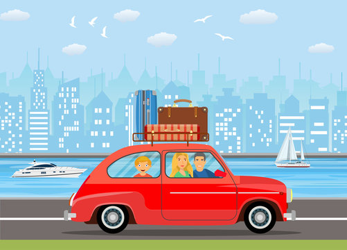 Happy family traveling by car