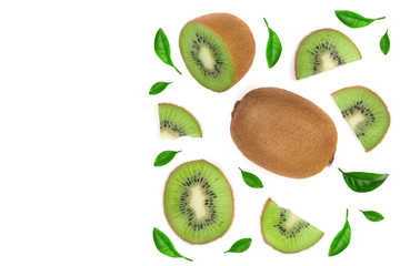 Kiwi fruit with slices isolated on white background with copy space for your text. Top view. Flat lay pattern
