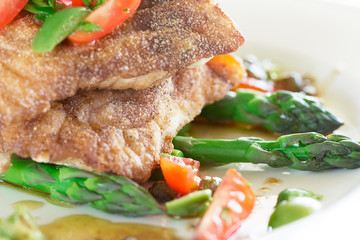 Dusted Snapper and apsaragus, tomato