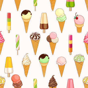 Seamless pattern of colorful ice creams on pink background with stars and circles. Cartoon illustration for web, site, advertising, banner, poster, flyer, business card. Vector illustration.