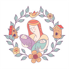 Greeting card mother's day. The best mom. A pretty mother holds cute baby.