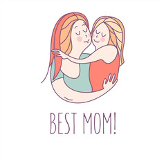 Greeting card mother's day. The best mom. A pretty mother holds cute baby.