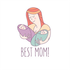 Greeting card mother's day. The best mom. A pretty mother holds cute baby.