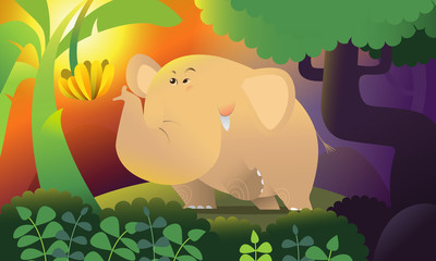 Cute elephant in forest. Vector illustration
