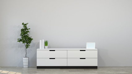 Tv cabinet in modern empty room 3d illustration home designs,background shelves and books on the...