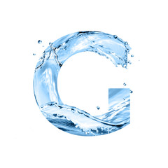 stylized font, text made of water splashes, capital letter g, isolated on white background