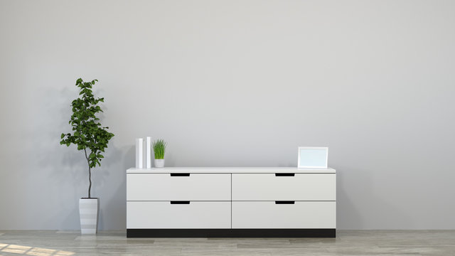 Tv cabinet in modern empty room 3d illustration home designs,background shelves and books on the desk in front of  wall empty wall