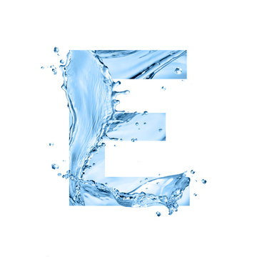stylized font, text made of water splashes, capital letter e, isolated on white background