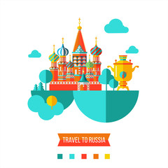 Obraz premium Travelling to Russia. Flat vector illustration. Set of clipart on the Russian theme.