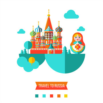 Travelling to Russia. Flat vector illustration. Set of clipart on the Russian theme.