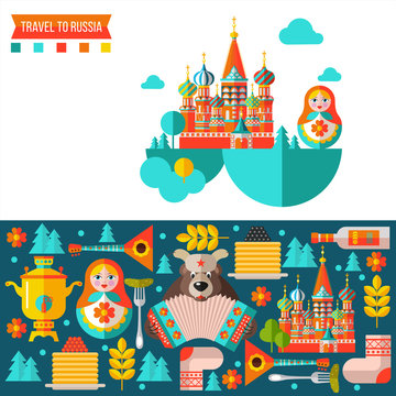 Travelling to Russia. Flat vector illustration. Set of clipart on the Russian theme.