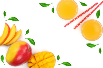 Mango juice and fruit isolated on white background with copy space for your text. Top view. Flat lay