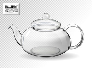 Empty glass teapot on transparent background. Realistic vector kettle with closed lid.