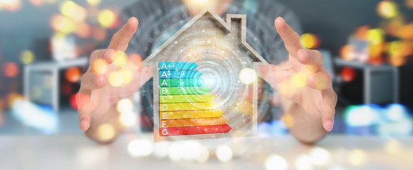 Businessman using 3D rendering energy rating chart in a wooden house