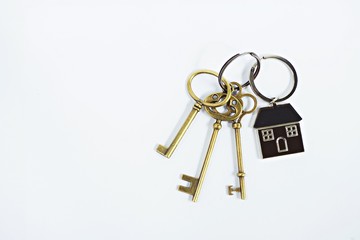 House key with home keyring on white background