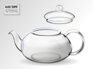 Empty glass teapot on transparent background. Realistic vector kettle with open lid.
