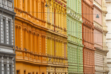 Prague, Czech Republic. Facades of the buildings of the city center with different colors