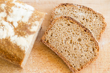 Closeup of sliced homemade sourdough wholegrain bread with Amaranth seeds