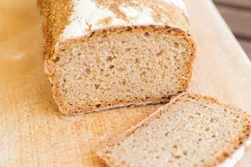 Closeup of sliced homemade sourdough wholegrain bread with Amaranth seeds