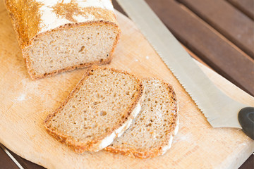 Closeup of sliced homemade sourdough wholegrain bread with Amaranth seeds
