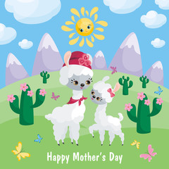 Llama family. Mother’s Day greeting card with cute animals and their cubs. Colorful vector illustration in cartoon style.