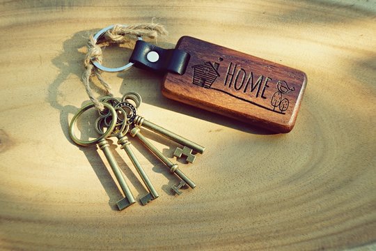Antique house key with wood home keyring