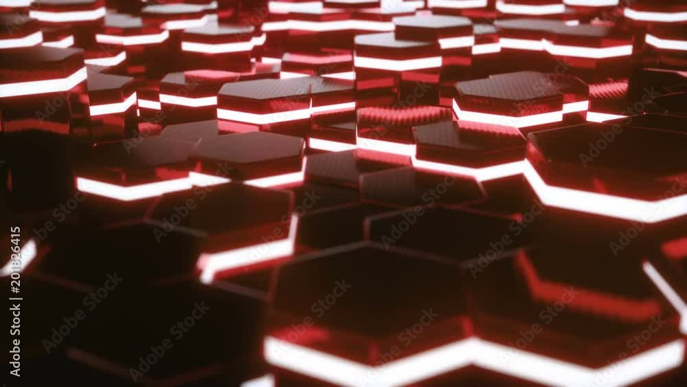 Poster abstract red of futuristic surface hexagon pattern with light rays. 3d rendering 4k animation
