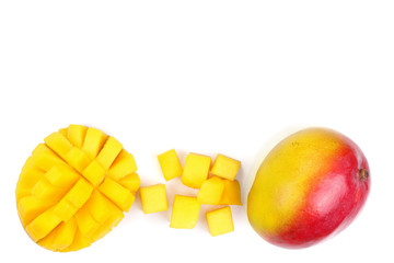 Mango fruit and half isolated on white background with copy space for your text. Top view. Flat lay