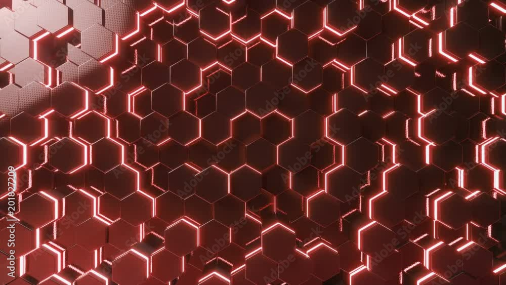 Poster abstract red of futuristic surface hexagon pattern with light rays. 3d rendering 4k animation