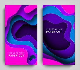 Vertical banners paper cut. Paper art in violet and blue colors. 3D abstract background with paper cut shapes. Carving art. Design layout for business presentations, posters and invitations. Vector