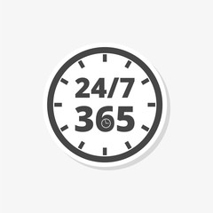 Open 24/7 - 365, 24/7 365, 24/7 365 sticker, simple vector icon