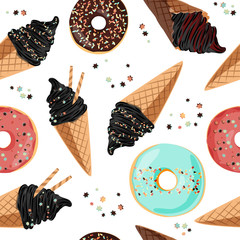 Birthday seamless pattern with sweets - ice cream, donuts, candies.