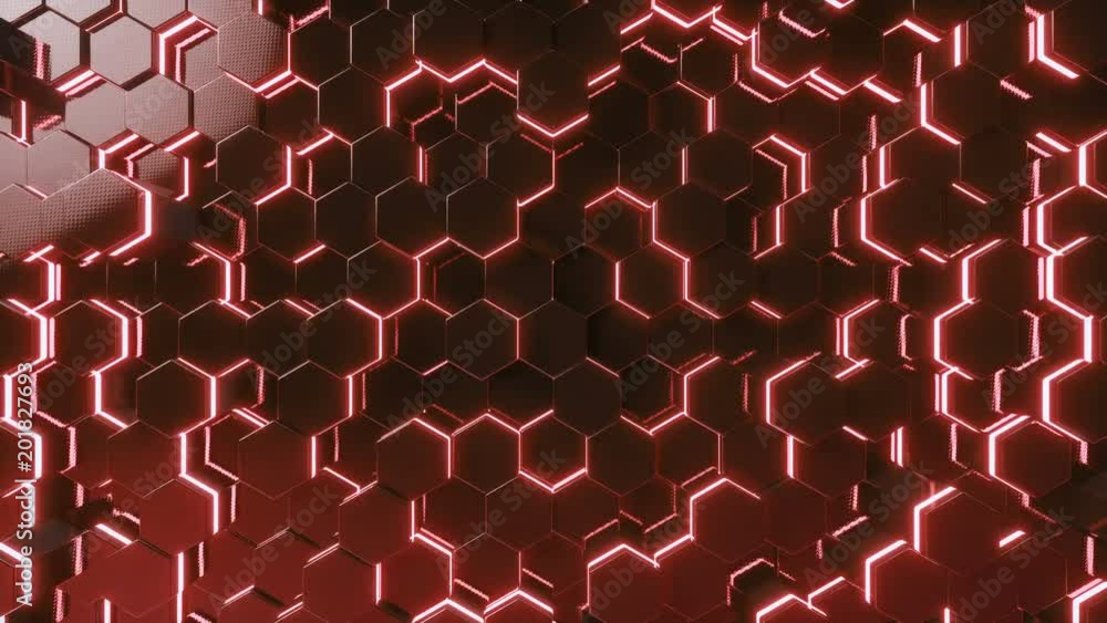 Poster abstract red of futuristic surface hexagon pattern with light rays. 3d rendering 4k animation