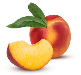 Ripe peach fruit with leaf and slice