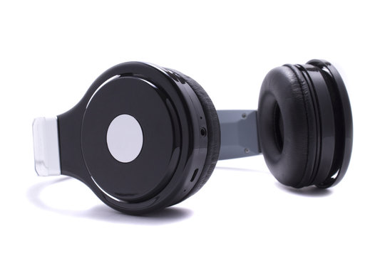 Photo of black headphones on white background