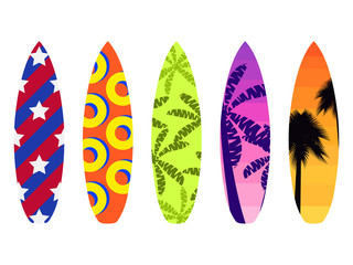 Surfboards on a white background. Types of surfboards with a pattern. Tropics, palm trees, summer motive. Vector illustration