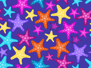 Fototapeta na wymiar Starfishes seamless pattern. Colorful starfish on a dark background. Vector illustration