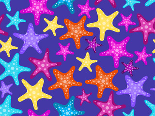 Starfishes seamless pattern. Colorful starfish on a dark background. Vector illustration